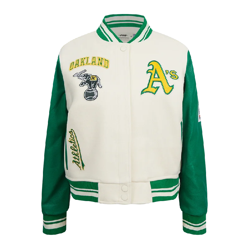 MLB OAKLAND ATHLETICS RETRO CLASSIC WOMEN'S RIB WOOL VARSITY JACKET (EGGSHELL/ KELLY GREEN) Traditional Women's Wool