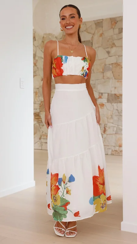 Saraya Top and Skirt Set - White Floral Hip Women's Retro