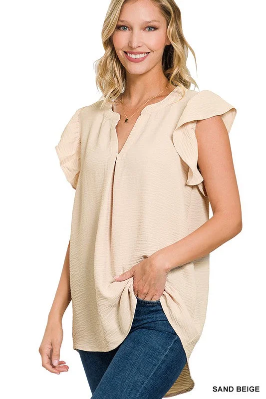 WOVEN AIRFLOW RUFFLED SLEEVE HIGH-LOW TOP Contemporary 