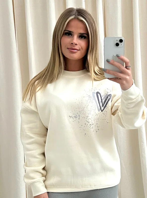 Grey Heart Graffiti Sweatshirt Cream Casual Women's Loose - fitting