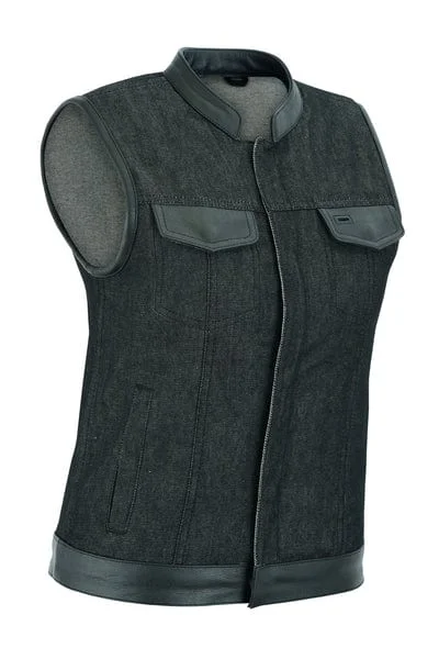 Women's Rough Rub-Off Raw Finish Denim Vest W/Leather Trim Refined Women's Velvet