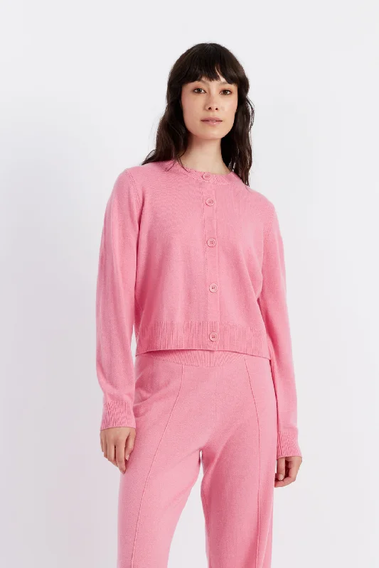 Pink Wool-Cashmere Crew Neck Cardigan Confident Women's Power