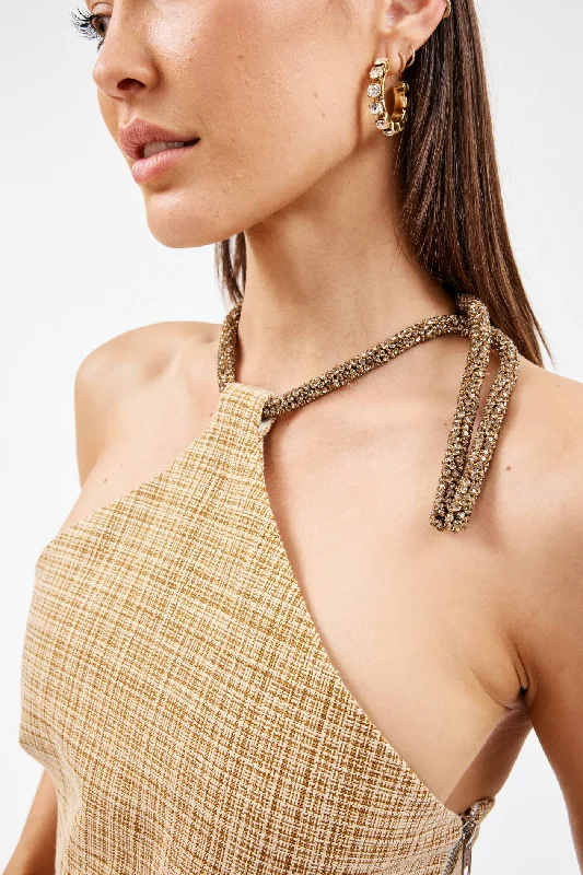 Crystal T-Bar Natural Check Halter Top Vintage Women's 1970S 