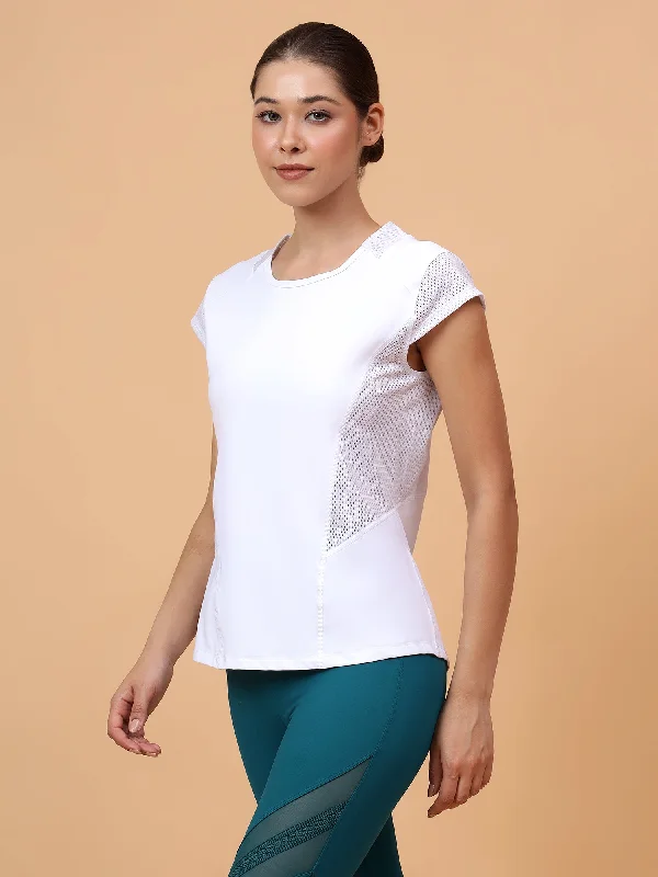 Fitkin Women's White Solid Side Mesh Training Top Dynamic Women's Moto