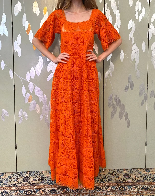 Vintage 1970s Orange Cotton Lace Tachi Castillo Mexican Maxi Dress, XS Earthy Women's Vintage 1970s Orange Cotton Lace Tachi Castillo Mexican Maxi Dress, XS Earthy Women's