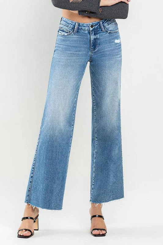 Mid Rise Raw Hem Wide Leg Jeans Luxurious Women's High -  end