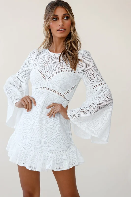 Sky High Long Bell Sleeve Crochet Embroidery Dress White Rugged Women's Outdoor 
