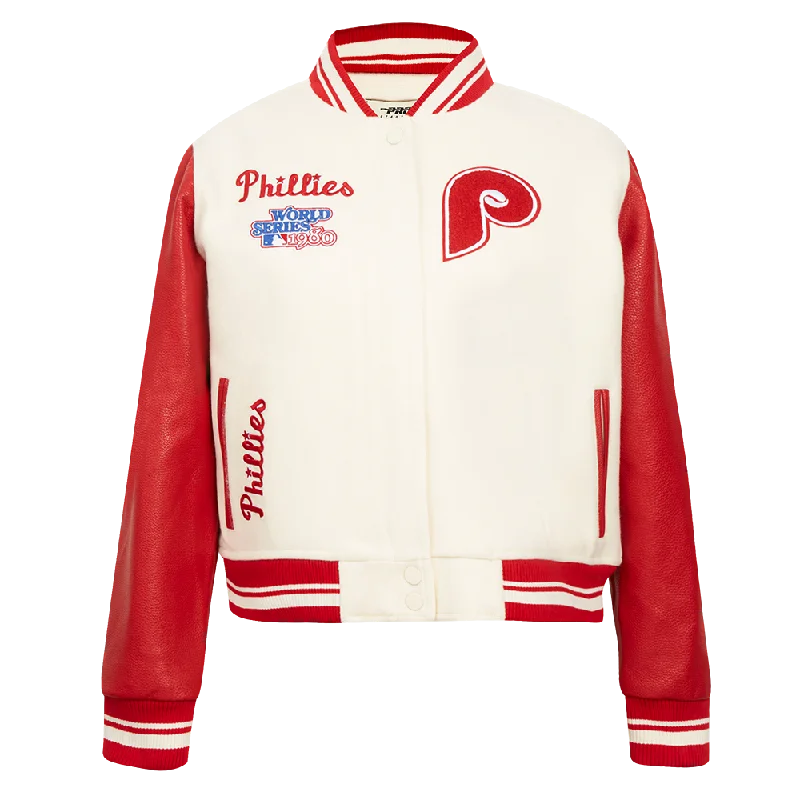 MLB PHILADELPHIA PHILLIES RETRO CLASSIC WOMEN'S RIB WOOL VARSITY JACKET (EGGSHELL/ RED) Practical Women's Quick - dry