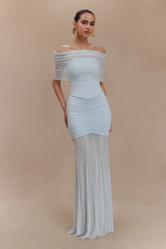 Caspian Slinky And Mesh Off Shoulder Maxi Dress - Pale Blue Artistic Women's Avant - 