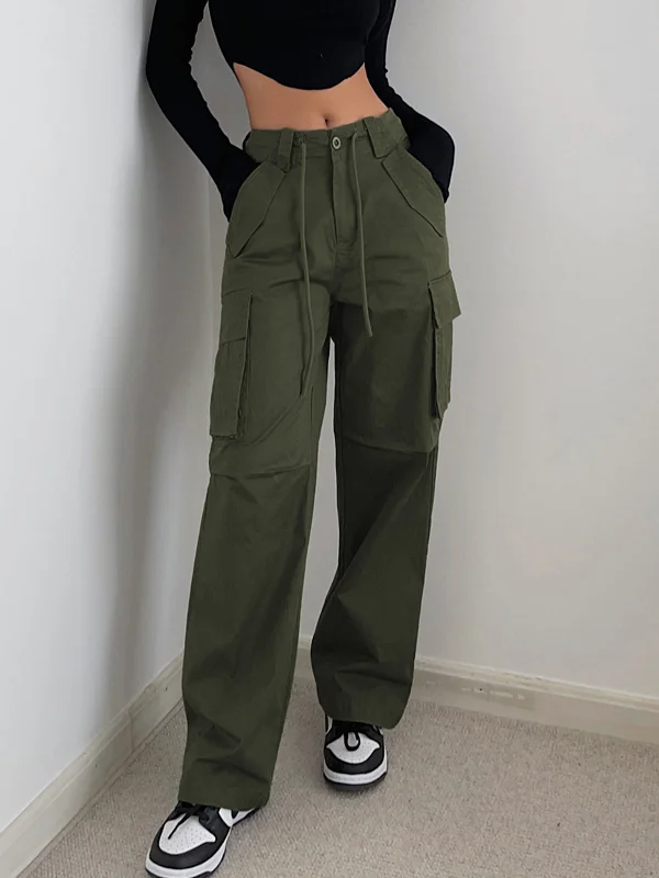 BerryBetty - Solid Drawstring Cargo Parachute Straight Leg Pants Athletic Women's 