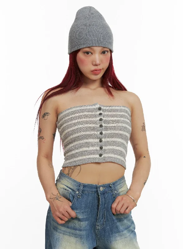 Stripe Buttoned Tube Top CY429 Youthful Women's Pop