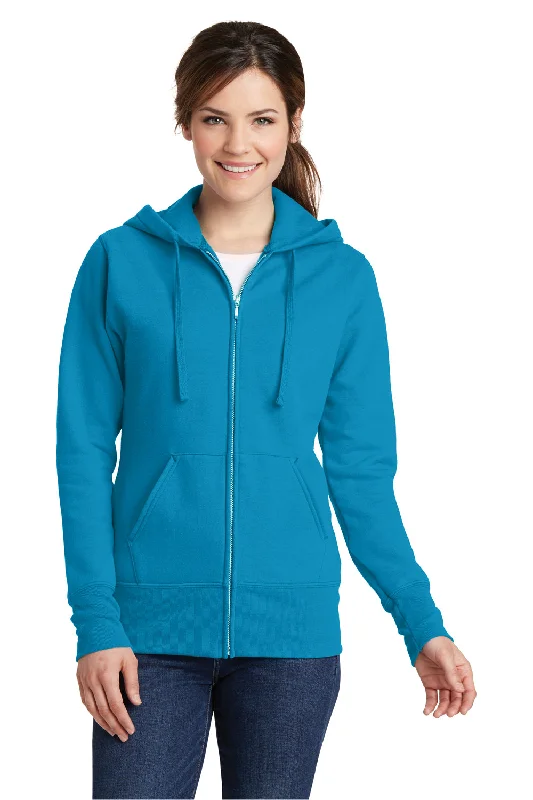 Port & Company Womens Core Pill Resistant Fleece Full Zip Hooded Sweatshirt Hoodie w/ Pockets - Neon Blue - Closeout Refined Women's Velvet