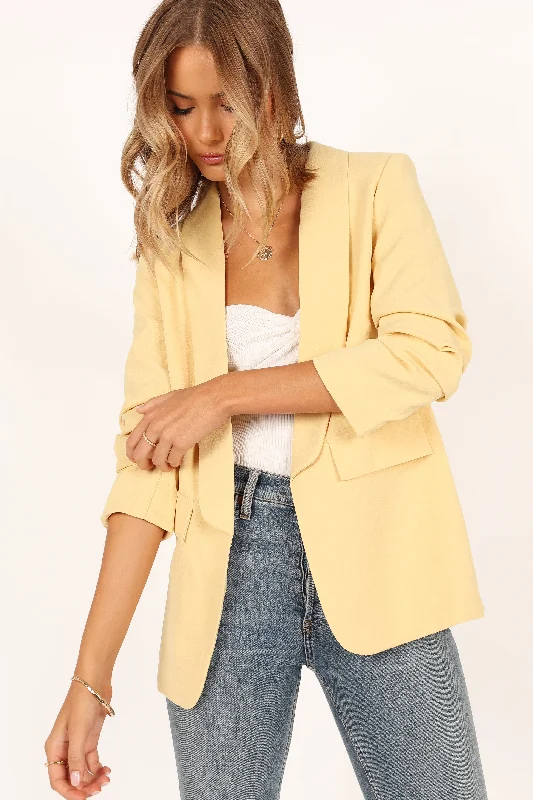 Beth Open Front Slouch Sleeve Blazer - Butter Yellow Dapper Women's Bow - adorned