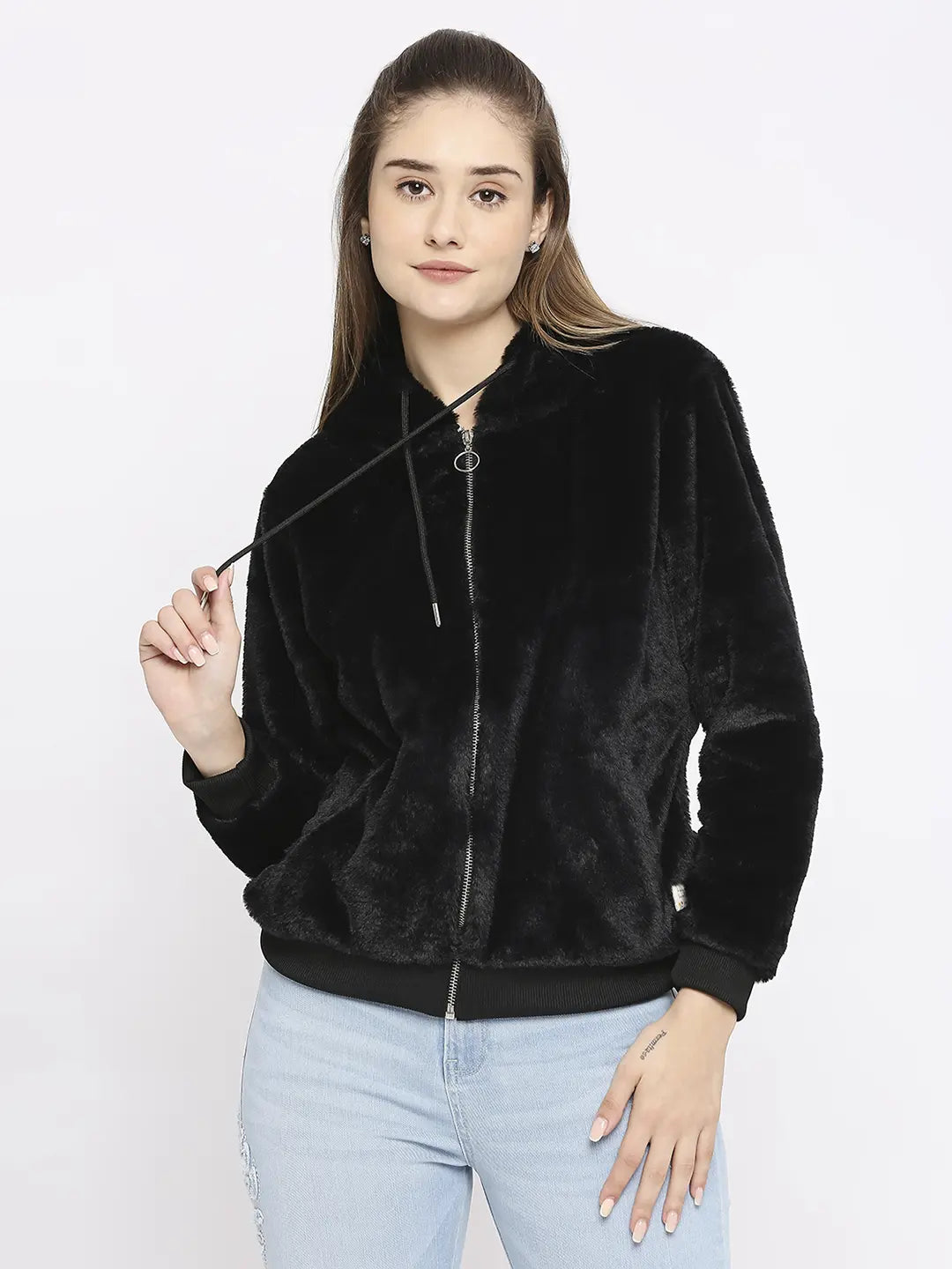 Spykar Women Black Blended Regular Fit Plain Hoodie French