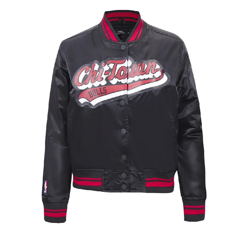 NBA CHICAGO BULLS SCRIPT TAIL WOMEN'S RIB SATIN JACKET (BLACK/RED/BLACK) Sleek Women's Metallic