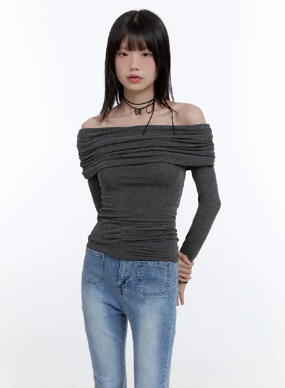 Long Sleeve Off-Shoulder Slim Top CG412 Polished Women's Silk