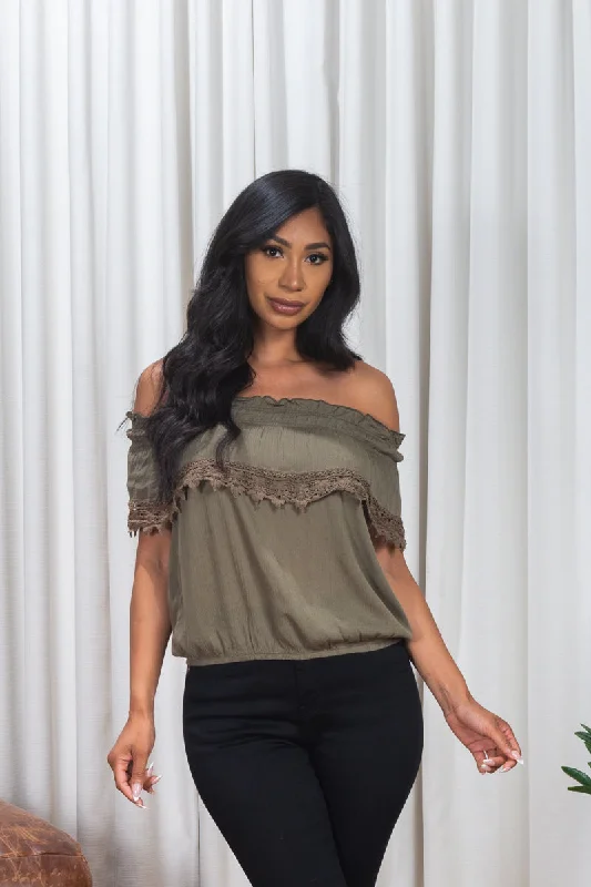 Off The shoulder Top w/Lace hem and elastic on waist (161216) Sophisticated Women's Tailored