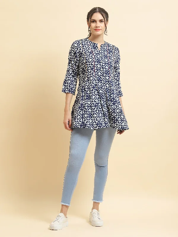 Women Liva Rayon Navy Blue Geometric Print Tunic Refined Women's Velvet