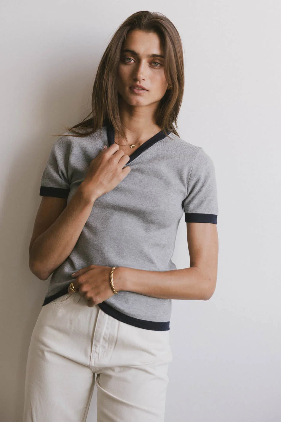 Maddie Ringer Sweater Top in Grey Adventure