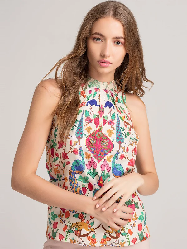 Cream Peacock Halter Top Laid - back Women's Vibe