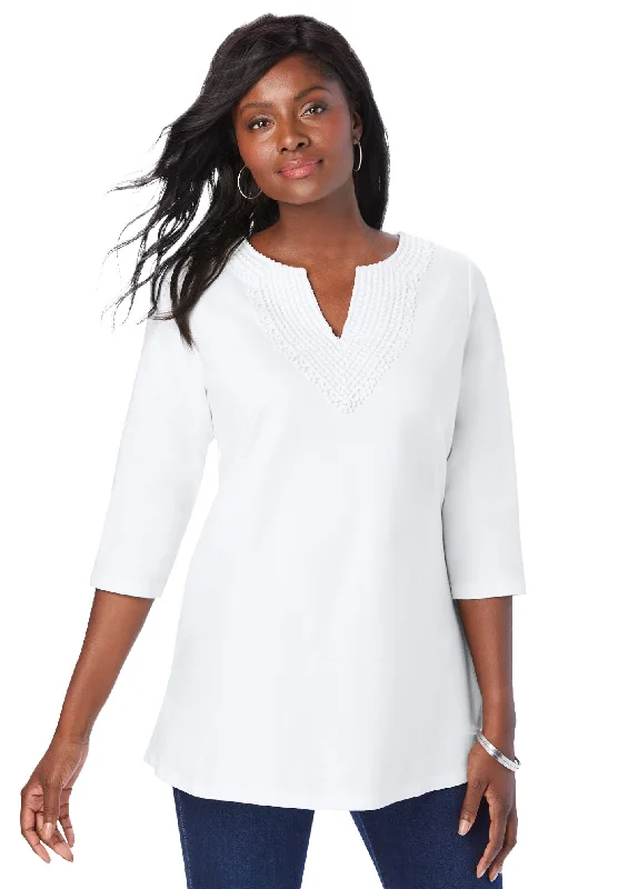 Stretch Cotton Crochet Notch Neck Tunic Traditional Women's Wool