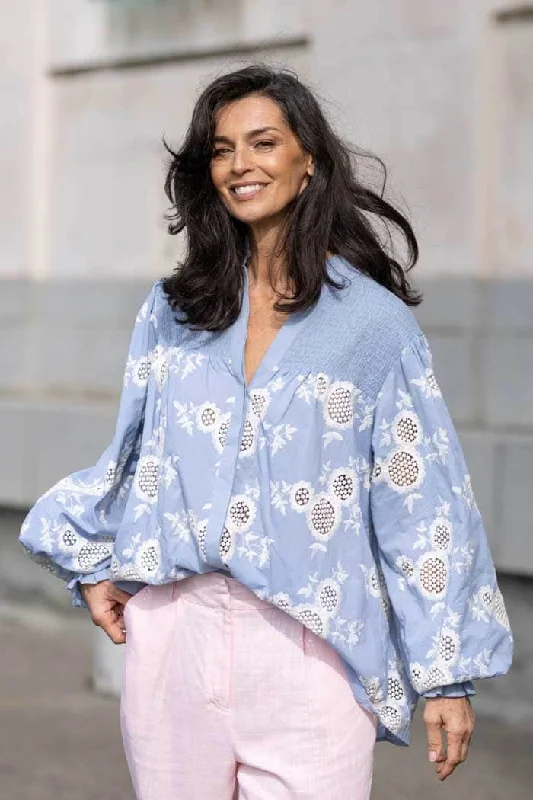 Bondi Embroidered Blouse Blue Confident Women's High - fashion