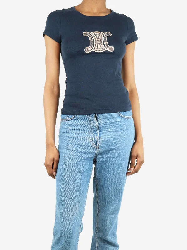 Navy and gold embroidered t-shirt - size S Artistic Women's Hand - painted