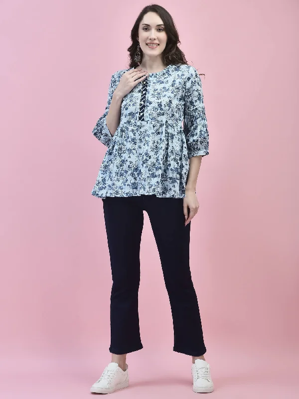 Women Cotton Blue Floral Print Tunic Sporty Women's Athleisure 