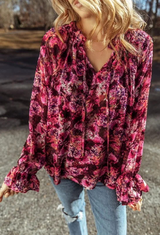 Bloom Floral Ruffle V Neck Top Hip Women's Urban