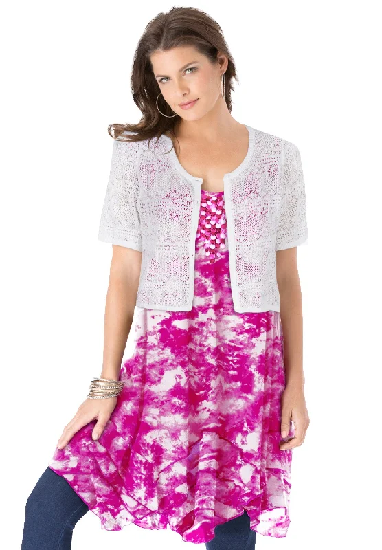 Cropped Pointelle Short Sleeve Cardigan Sweater European