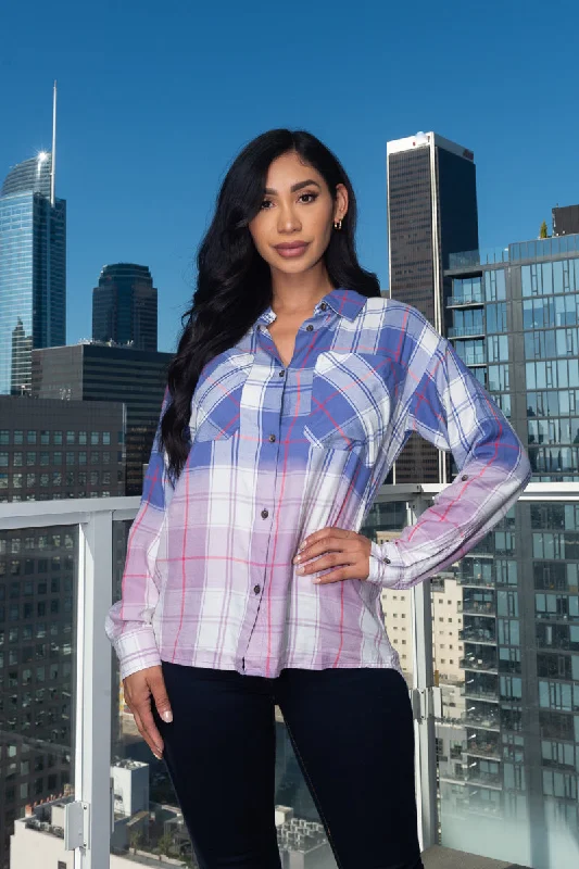 3/4 Roll Up  Sleeve Button Down Plaid Top W/Front Pockets (TPS-192) Dapper Women's Bow - adorned