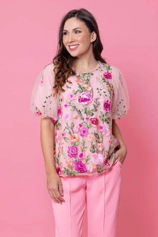 Berrie Top Pink Floral Lace Relaxed Women's 