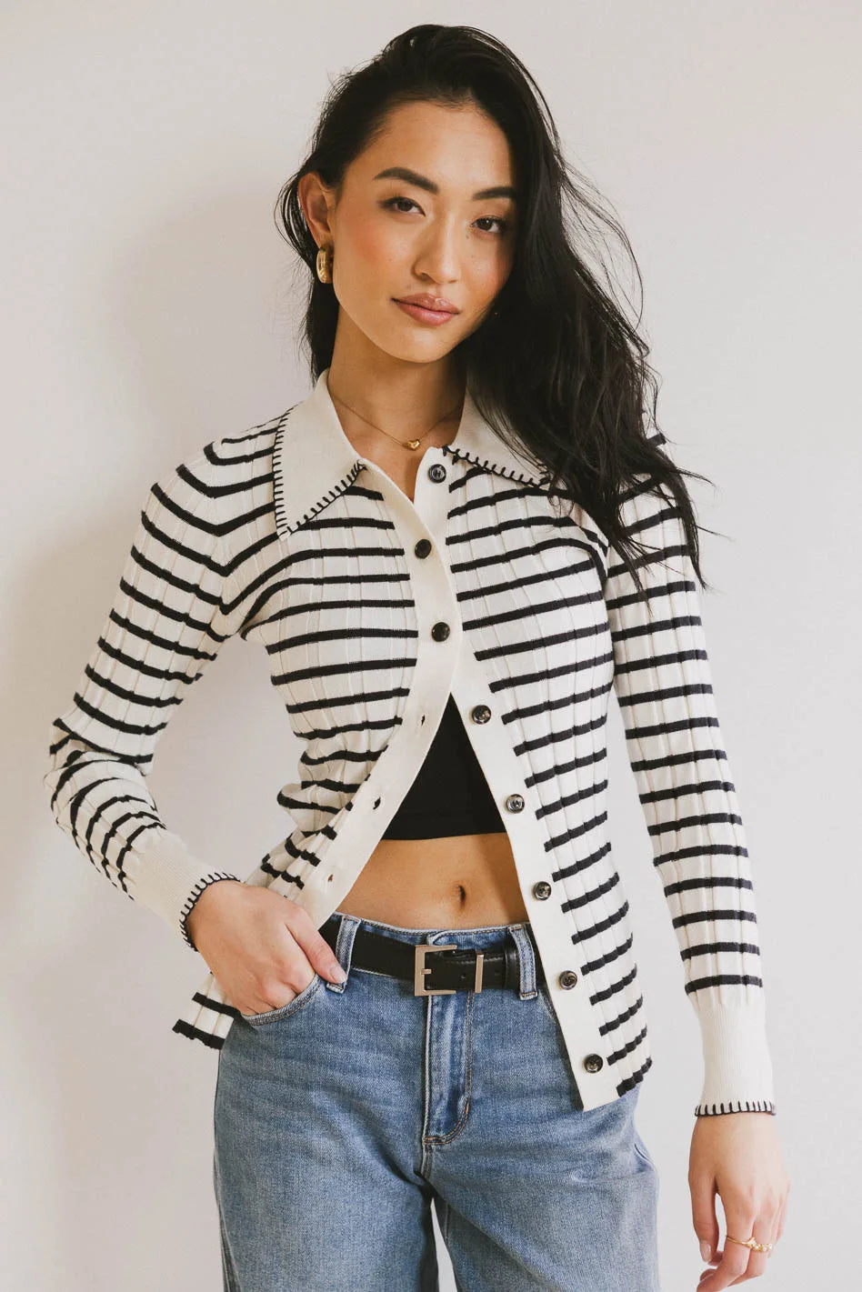Harrison Striped Collared Top in Navy Dynamic Women's High - energy
