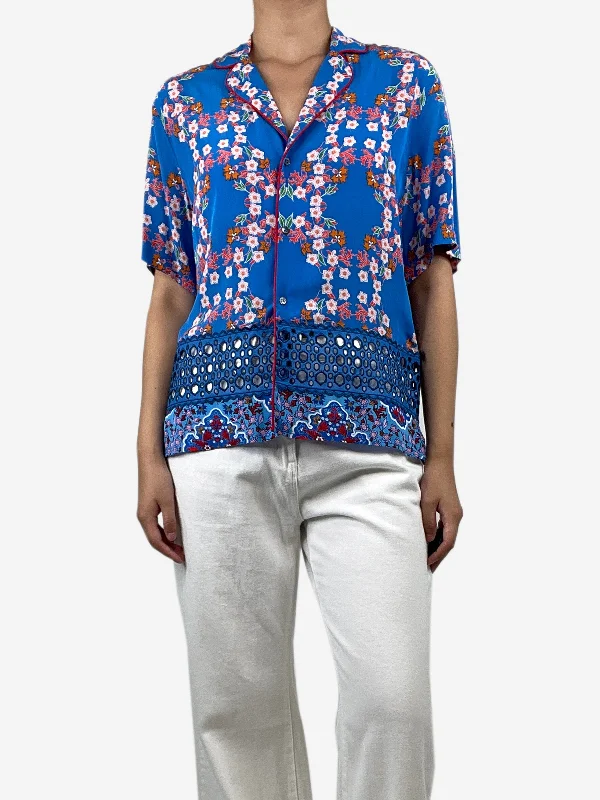 Blue floral-printed cutout shirt - size UK 12 Casual Women's Japanese 