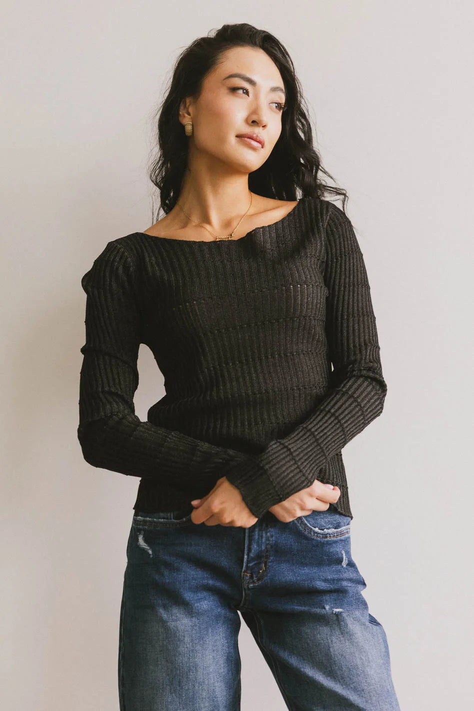 Gemma Sheer Ribbed Top in Black Street