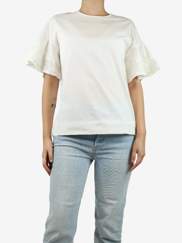 White short sleeve cotton ruffle top - size UK 10 Classic Women's Pin - striped