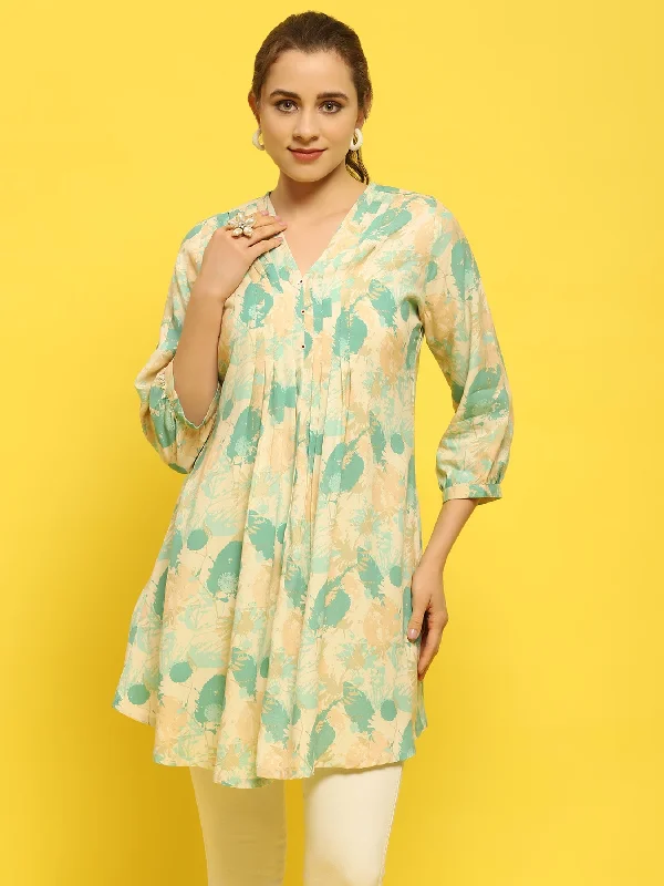 Women Liva Rayon Green Tropical Print Tunic Cool Women's Distressed