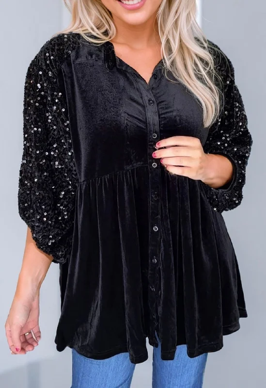 Black Velvet Sequin Sleeve Button Down Top Elegant Women's 