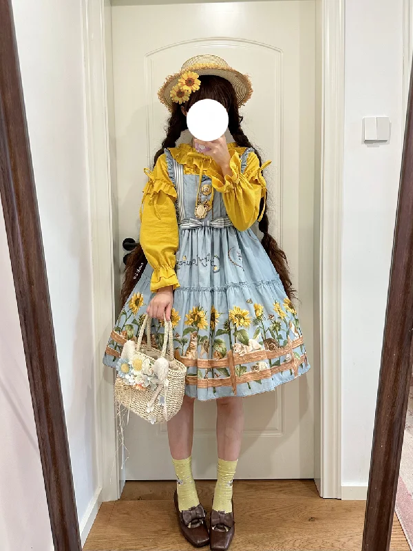 Polaris Lolita~Cat and Sunflower~Sweet Lolita JSK Cat and Sunflower Print Dress and Headdress Set Confident Women's Power