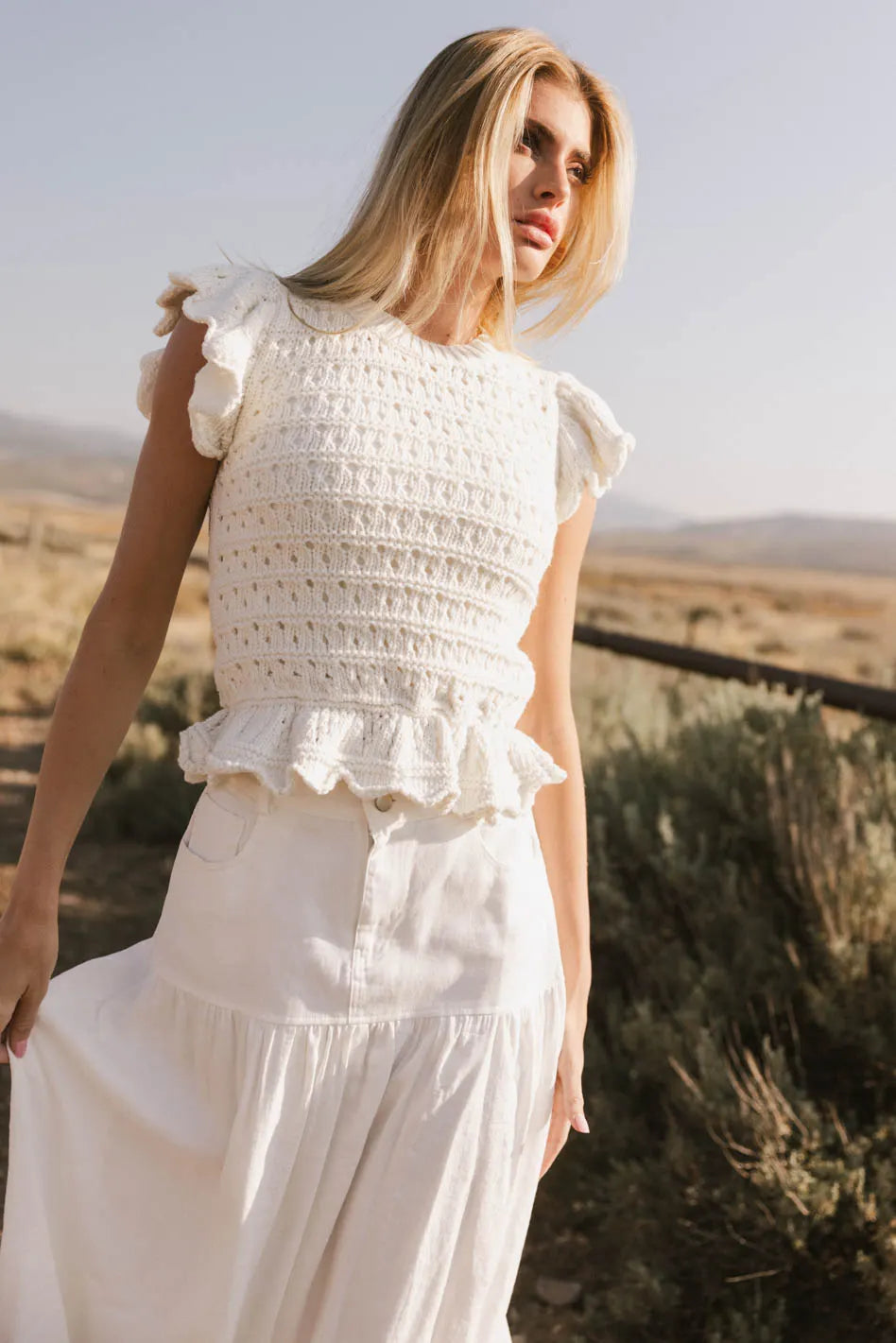 Shelly Ruffled Sweater Top in Ivory Geometric