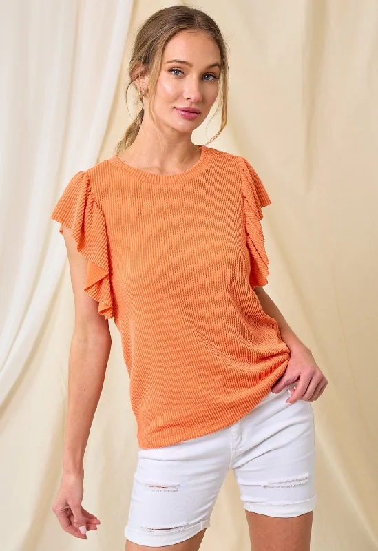 Flirty Ribbed Knit Ruffle Top Orange Women