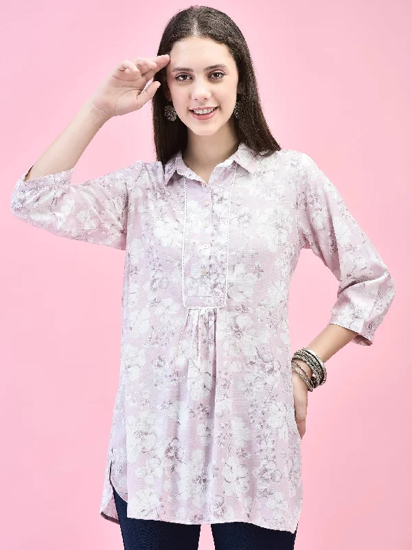 Women Liva (Rayon) Lilac Floral Print Tunic Casual Women's Japanese 