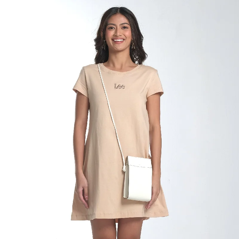 LEE LADIES CASUAL DRESS WITH EMBROIDERED LOGO IN WARM BEIGE Unique Women's Upcycled