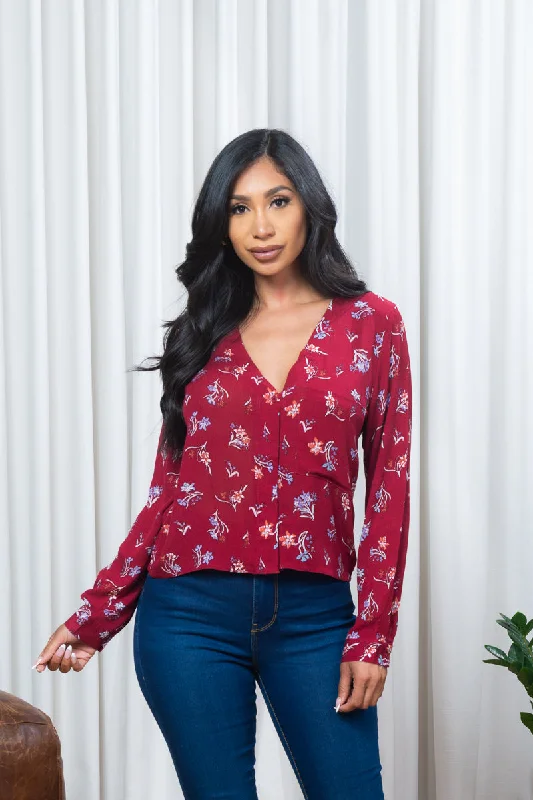 Floral Print Long Sleeve Button Down  Top w/1 Front Pocket (171084) Confident Women's High - fashion