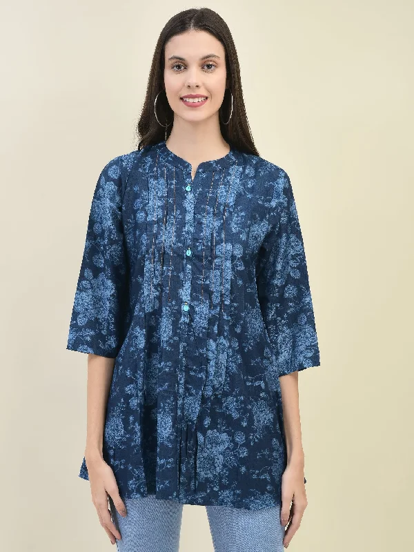 Women Liva Rayon Blue Floral Print Tunic Artistic Women's Avant - 