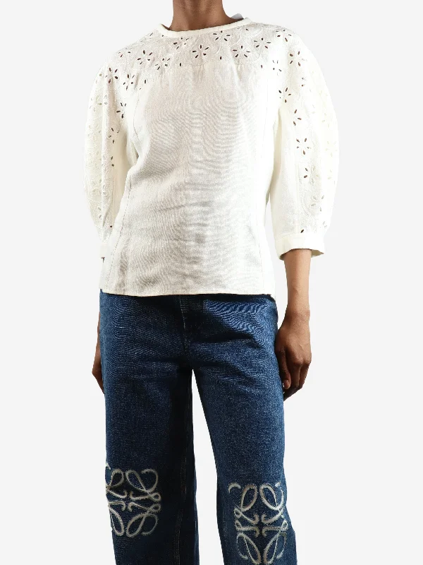Cream embroidered linen blouse - size UK 6 Sharp Women's Italian