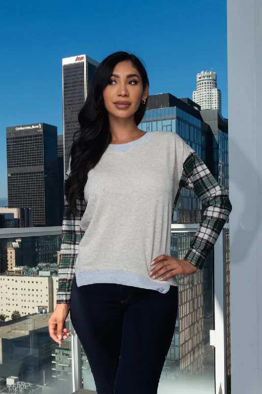 Double Trouble' Color Block Round Neck Long Sleeve Top  With Plaid Print on Sleeves and Back (146229) Practical Women's Multi - 