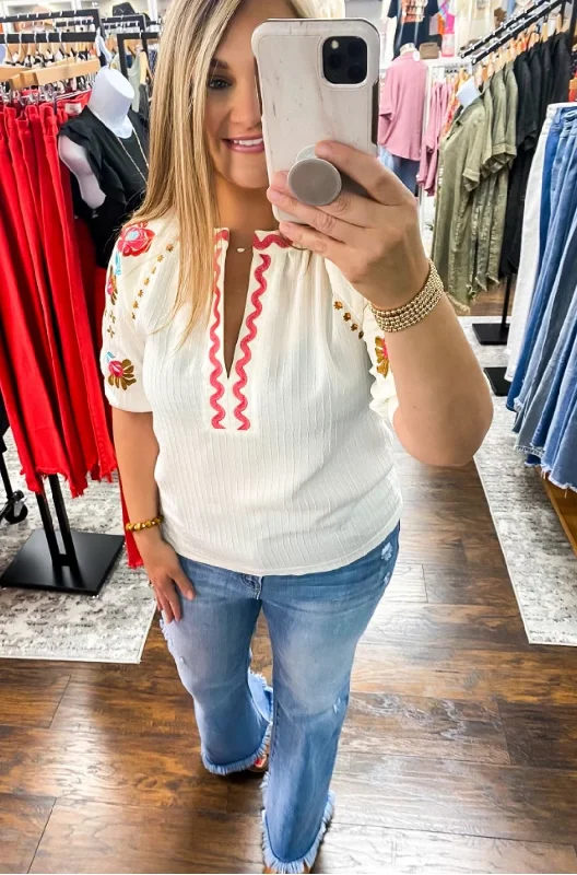 Sammy Beige Embroidered Floral Top Artistic Women's Avant - 