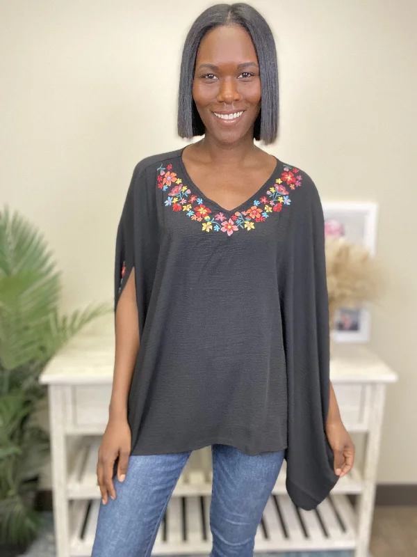 Flower Child Women's Embroidered Woven Poncho Short Sleeve Top Practical Women's Multi - 