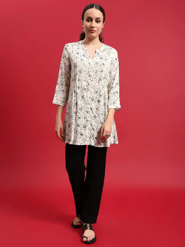 Women Liva (Rayon) Off White Floral Print Tunic Hip Women's Retro